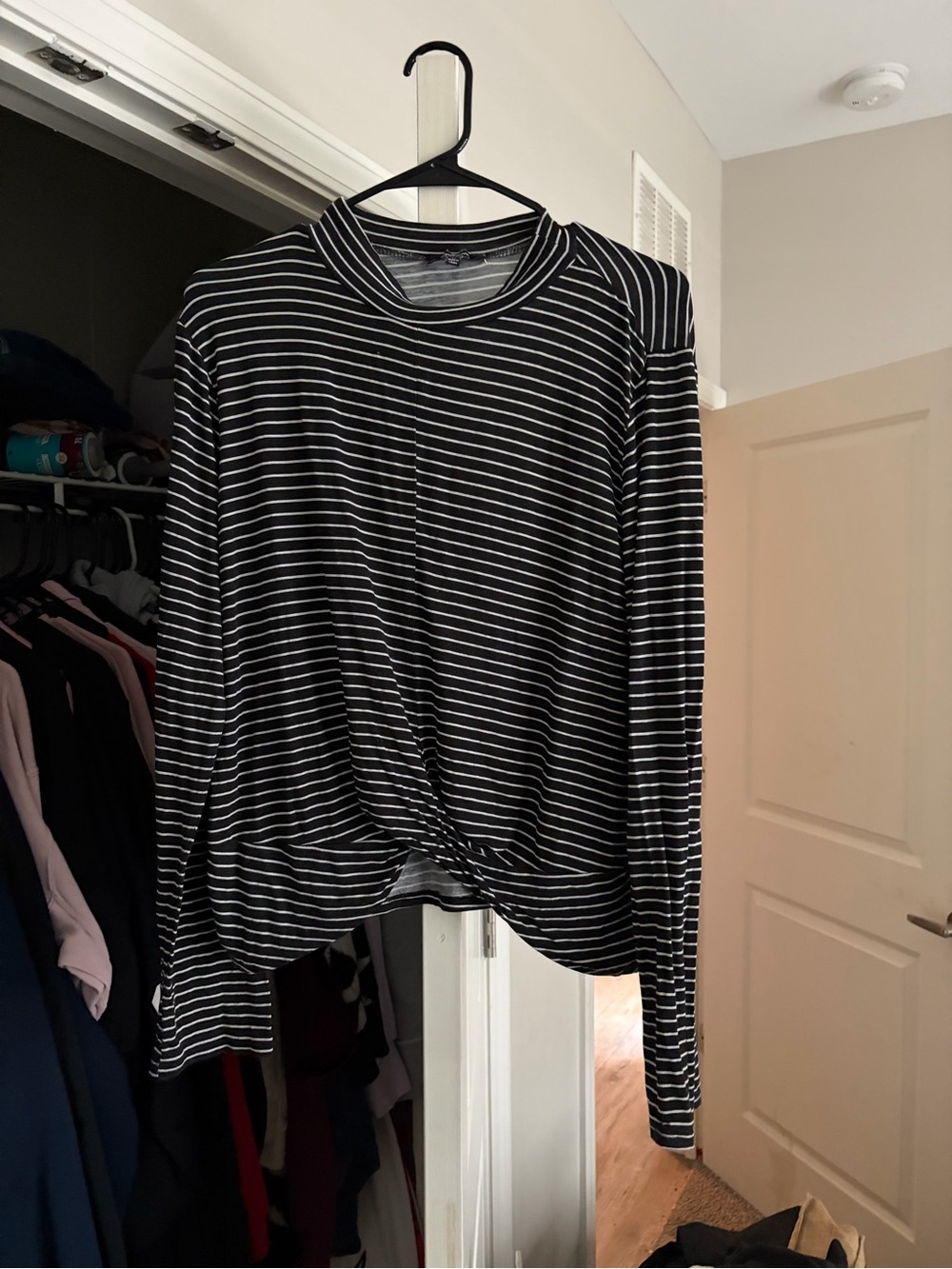 Ambiance Black and White Striped Long-Sleeve Twist-Hem Top